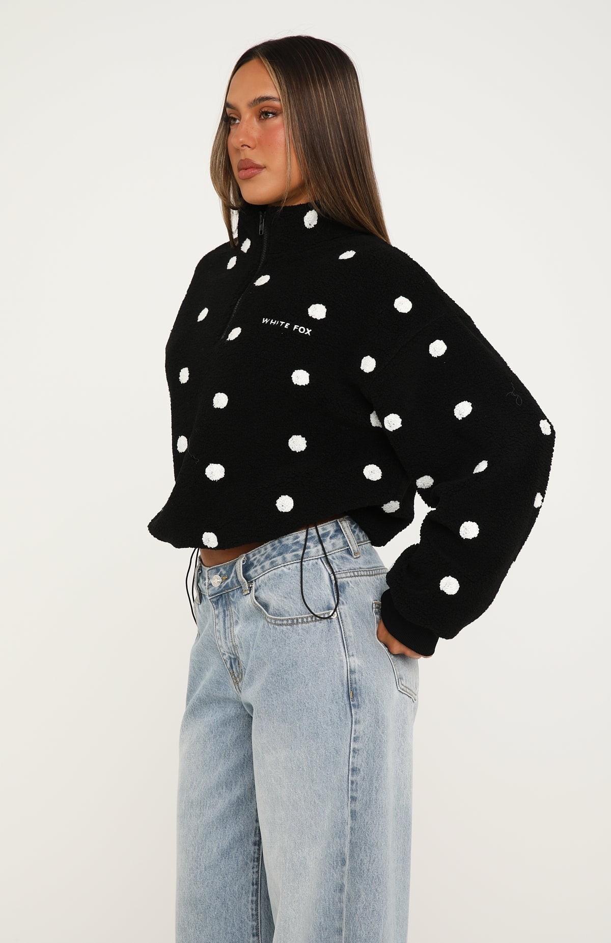 We'll Figure It Out Fleece Quarter Zip Sweater Black Polka Dot view 3