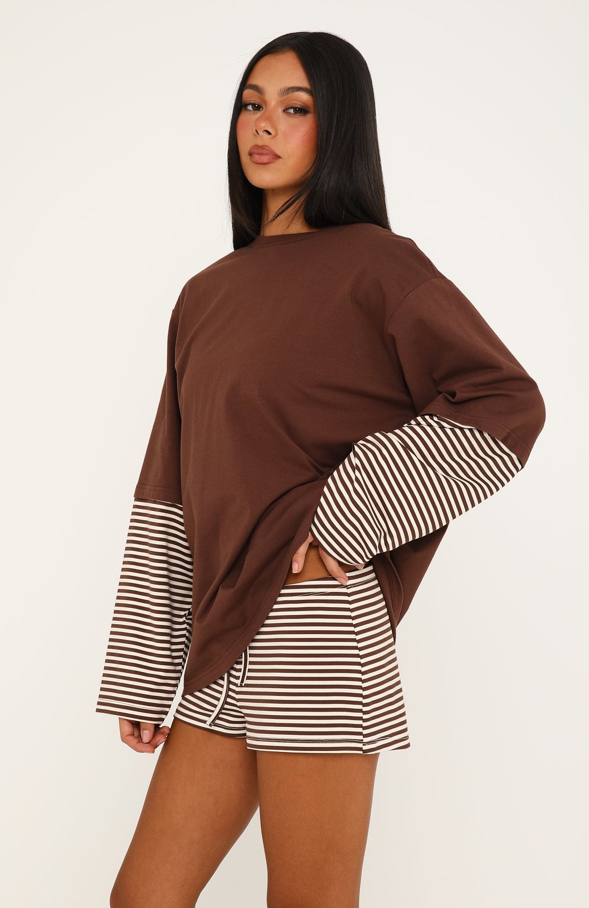 Let's Take Our Time Relaxed Shorts Chocolate/Cream Stripe view 3