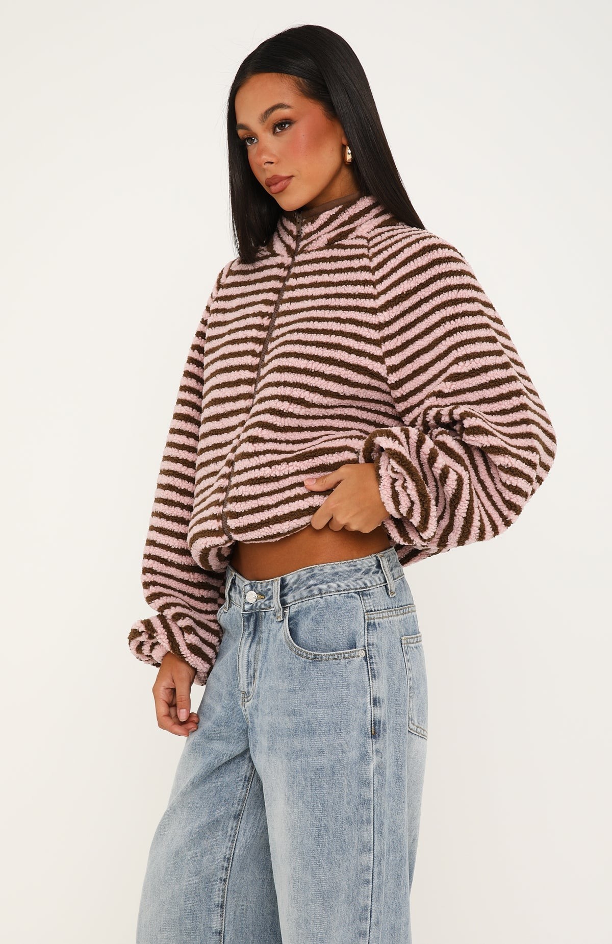 Everything Moves Forward Fleece Zip Front Sweater Pink Stripe view 3