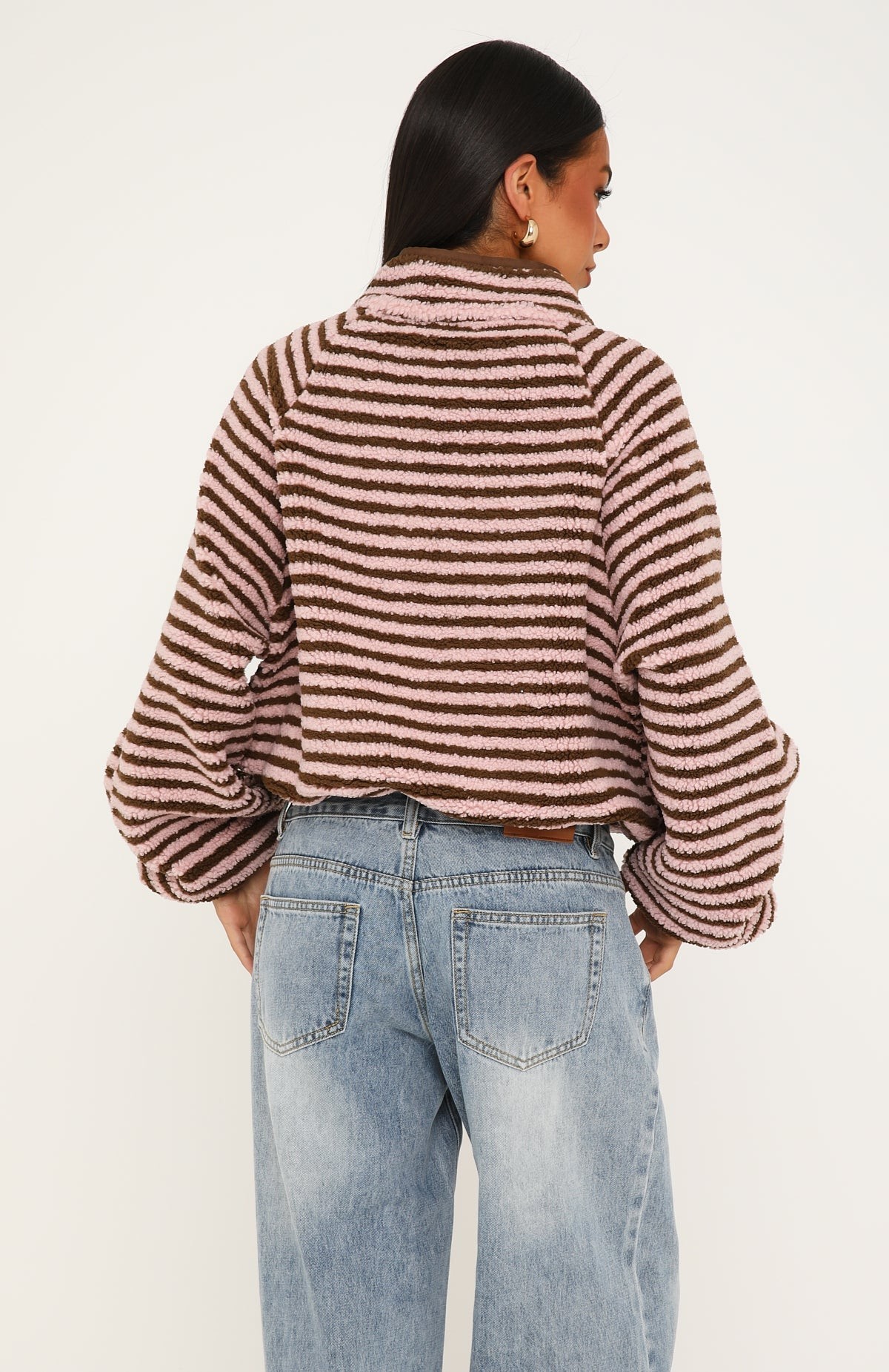 Everything Moves Forward Fleece Zip Front Sweater Pink Stripe view 4